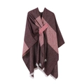 Women's burgundy and pink plaid knit shawl cape with white fringes and knotted front detail - Tie-dye Dark Red