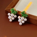 Grape-shaped earrings featuring creamy pearls and light green leaves on a metal base - Grape Pearl Earrings (19#)