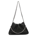 Chic black pleated cloud bag with dual silver chain straps on a crisp white backdrop - Black