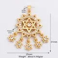 Golden sunburst star pendant with cubic zirconia and five small hanging stars - Hexagram Sun with Meteor Charms