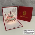 3D pop-up birthday card with LED lights and music in festive red and gold finish - Gold Foil Cake+Music Yellow Light-Button