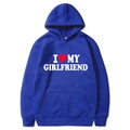 Blue hoodie with white 'I Love My Girlfriend' heart print in a flat lay view - S / I Love My Girlfriend (Top) / Blue