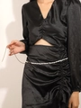 Bohemian seashell waist chain with pearls and gold extension on black satin dress - Conch KC Gold (G-599)