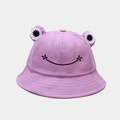 Purple frog bucket hat for women featuring 3D eyes and embroidered smile face - Purple