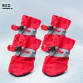 Waterproof red pet boots set with reflective straps and non-slip soles for small dogs - US 6 / 4 Pcs Pack / Red
