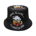 Black cotton bucket hat with colorful beer cartoon print and Spanish quote for parties - M (56-58cm) / Black
