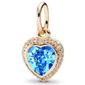 Golden heart pendant with a large blue gemstone center and sparkling clear crystals - Blue/Gold