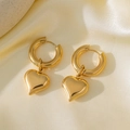 Polished gold titanium steel hoop earrings with chunky 3D heart pendant charms - Peach Heart Hoop Earring (G3050)