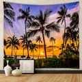 Détail de la tapisserie bohème avec coucher de soleil tropical et palmiers sur mur - Palmiers au Coucher du Soleil Tropical (GT109610) / 73x95cm (Tissu Brossé)