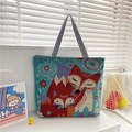 Artistic jacquard canvas tote bag with red fox pattern and striped top handles - Little Fox