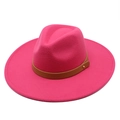 Detail of rose pink wool fedora hat with brown leather band and gold rivet accent - Adult 57-59cm / Rose Red