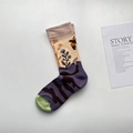 Artistic graffiti cotton socks in purple and beige with vintage floral and bird patterns - One Size / Mole Nutcracker