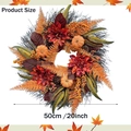 Autumn wreath with pumpkins and dahlias for front door decor, 20 inch harvest festival ornament - 50cm