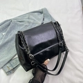Minimalist black glossy leather shoulder bag with metal chain and dual straps - Black