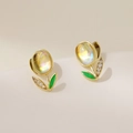 Elegant gold tulip earrings with iridescent gemstone buds and green enamel leaves - Transparent Tulip (1895)