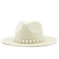 Detail of flat top straw fedora featuring elegant white pearl chain trim and woven texture - Creamy White