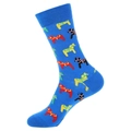 Chaussettes en coton bleu avec motifs de poneys rouges et jaunes sur un fond blanc pur - 965-Poney Bleu
