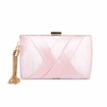 Pink satin woven clutch bag with gold tassel and metallic clasp for evening wear - Pink