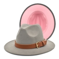 Detail of grey wool fedora hat with pink interior and brown leather buckle band - M (56-58cm) / Light Grey and Pink
