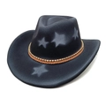 Detail of black wool felt cowboy hat featuring grey star patterns and a woven leather band - M (56-58cm) / Black