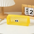 Portable bright yellow mesh pencil case with cute embroidered eyes and side carry strap - Yellow