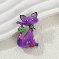 Cute purple cartoon cat enamel brooch with green flower detail on white background - Purple Cat