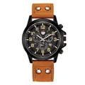 Men's quartz watch with brown leather strap and black frosted metal case with date - Light Brown (Single Watch)