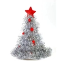 Sparkly silver tinsel Christmas tree hat with red plush balls and a star on top - Double Layer Silver Without Light