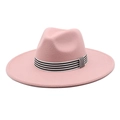 Detailed top view of pink wide brim fedora hat with black and white striped ribbon band - M (56-58cm) / Dusky Pink