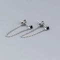 S925 sterling silver drop earrings with black cubic zirconia and delicate chain linkage - Platinum Color (Black Stone)
