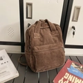 Compact brown corduroy backpack with front pocket and dual straps for college casual style - Brown