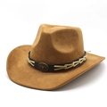 Brown faux suede western cowboy hat featuring a vintage bull head buckle and leather band - M (56-59cm) / Khaki Faux Suede