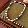 Detail of multi-color pearl necklace with a sphere pavé zircon magnetic clasp - Multi-color Pearl Necklace (Grey-10mm)