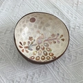 Handcrafted coconut shell bowl with blue peacock shell inlay for home decoration - Peacock Style