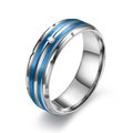 Titanium steel ring for men with blue brushed metal bands and centered diamond inlay - US 6 / Silver Blue With Diamond