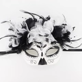 White skeleton masquerade mask with black flowers, delicate lace, and feathers for Day of the Dead - 2025 Dark Clown Day of the Dead