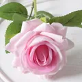 Artificial velvet rose in blooming pink color with two realistic green leaves - 7cm / Elsa Rose-Pink Center