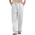 Men's white linen casual pants with drawstring waist and straight leg fit for summer - XL / White