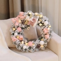 40cm white flocked Christmas wreath with pink angel doll, ornaments and warm LED lights - 50cm Angel Pink Wreath (With Lights)