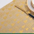 Linen Christmas table runner with yellow tree print and holiday greetings on beige fabric - Bronzing Christmas Tree / Flaxen
