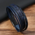 Marineblaues Herren-Lederarmband mit Ankermotiv und schwarzem Metall-Magnetverschluss - Marineblau