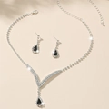 Elegant silver jewelry set with teardrop black gemstones and rhinestones for women - Silver Base Black Teardrop Set (DTN14026636BK-2-Piece Set)