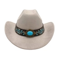 Beige western cowboy hat with ethnic floral embroidery and turquoise stone detail - Gray (Floral Embroidery Band)