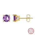 925 sterling silver stud earrings with round purple gemstone in four-prong gold setting - Purple 4-Prong Stud - Gold
