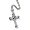 Close-up of hip hop cross pendant with blue and white zircons on silver chain - 3mm 24inch / Silver Blue + Twist Chain