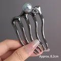Épingle à cheveux en U gris fusil avec perle grise et strass brillants de luxe - Style Fleur de Cristal et Perle (144#) / Métal canon