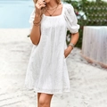 Elegant white square neck eyelet embroidery mini dress with puff sleeves on beach background - S / White