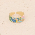 Gold adjustable ring with colorful enamel feather patterns and sparkling zircon accents - Adjustable Open / Colorful Enamel Leaf Style (1#)