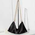 Elegant black satin triangle tote bag with gold ring handle and delicate chain strap - Black