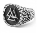 Silver Viking Valknut ring in distressed stainless steel featuring Helm of Awe symbols - US 7 / Steel